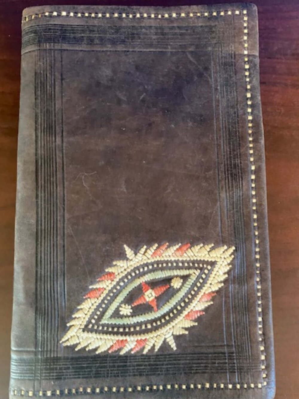 VTG Dark Brown Leather Document Passport cover vibrant embroidered Andean eye